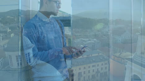 hombre usando teléfono inteligente y paisaje urbano