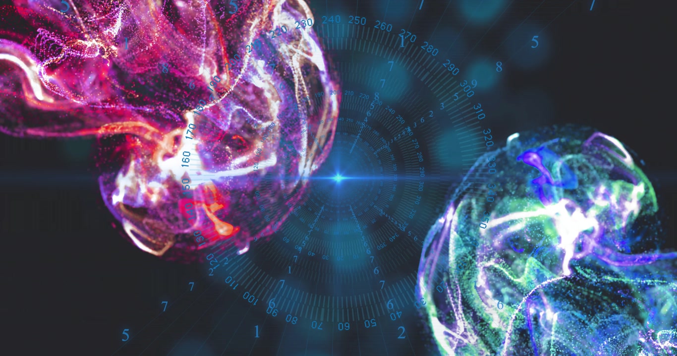 Central blue star emitting flare, magenta and blue green plasmas entering, orbiting, framing dial