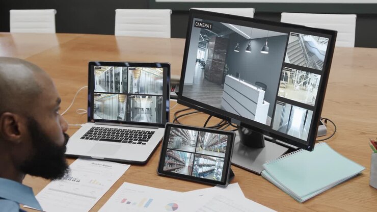 African american male security officer with business cctv camera views on three screens, slow motion