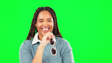 Cool,-green-screen-and-woman-with-sunglasses