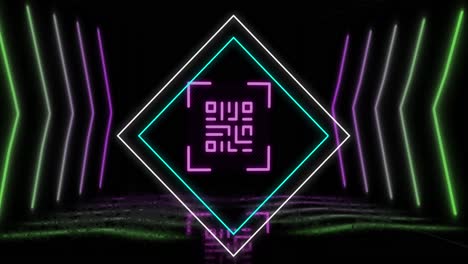 Animation-of-glowing-qr-code-over-neon-geometric-shapes