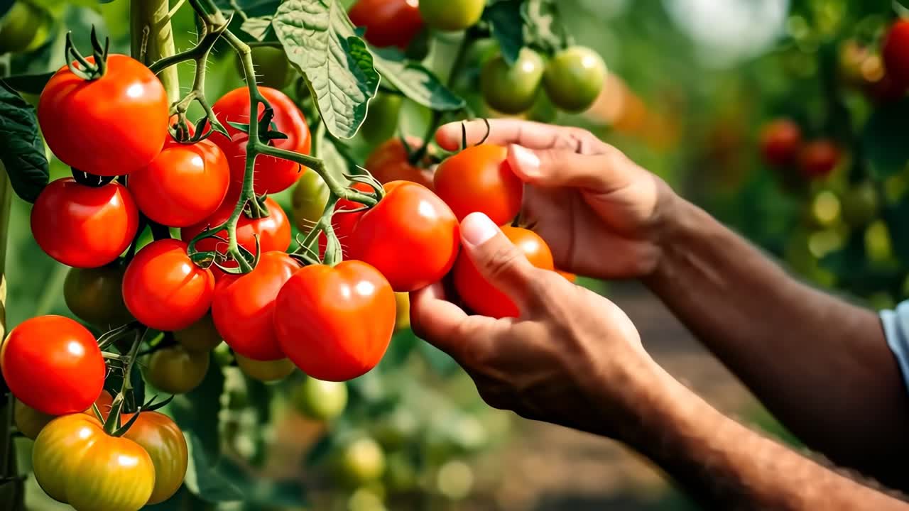 Close-up video frame of hands picking ripe tomatoes from a vine, showcasing vibrant colors
