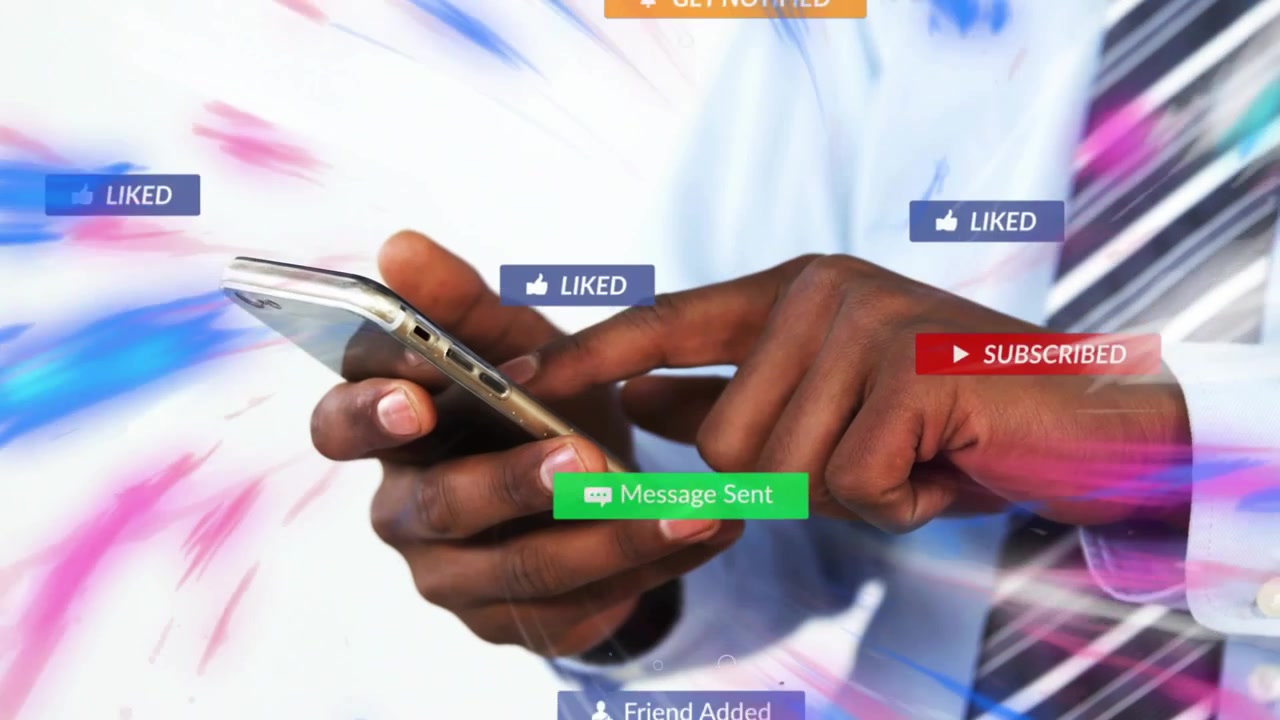 Office worker left index finger tapping phone, stacking then thinning badges for marketing