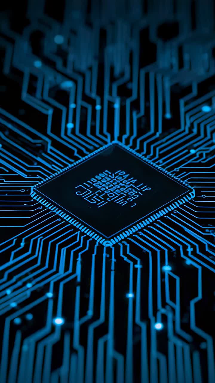 Vertical video: Starting top view microprocessor chip pulsing blue light nodes sending data on PCB
