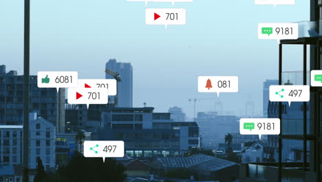 소셜 미디어 아이콘의 애니메이션과 도시 풍경의 공중 전망