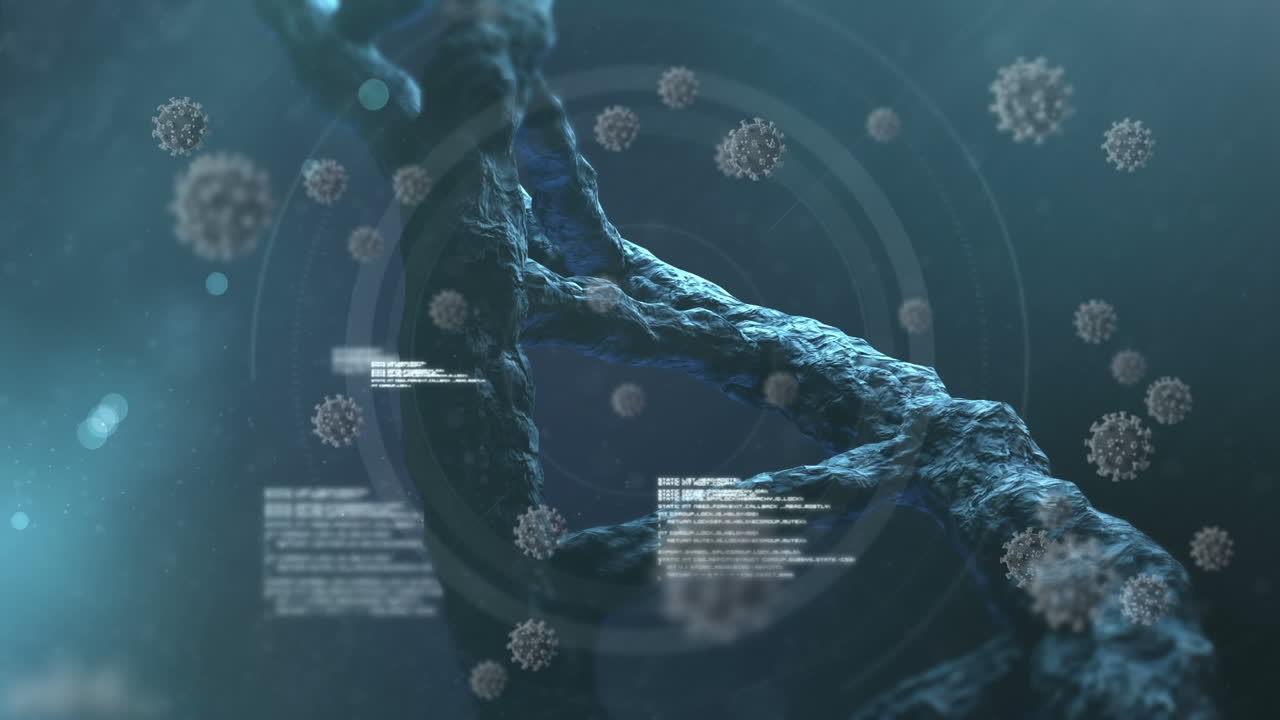 células de covid-19 y procesamiento de datos sobre la estructura del adn girando contra un fondo azul