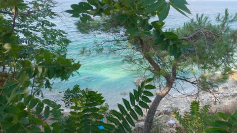 panning shot of blue lagoon beach coast, kassiopi village, corfu, greece