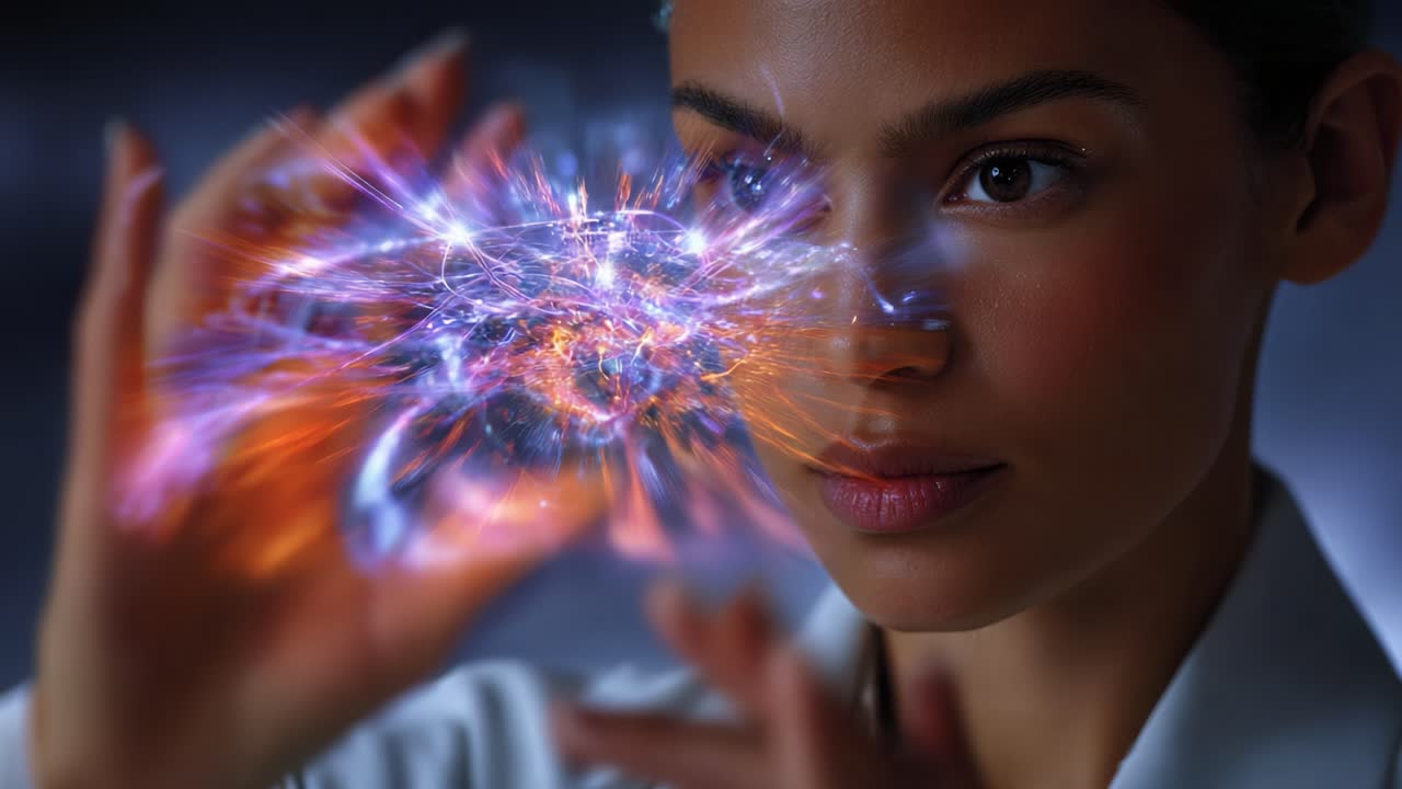 Una donna ammalia con il suo sguardo mentre tiene in mano una sfera luccicante e luminosa, mettendo in mostra pattern di energia vibranti e dinamici che danzano in diversi colori e forme.