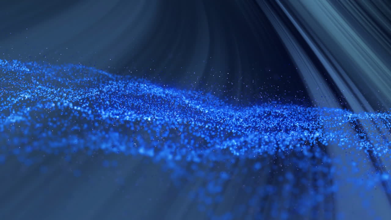 Bright blue glowing particle wave flowing through dark digital space, 3D render animation