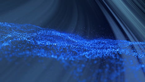 bright blue glowing particle wave flowing through dark digital space, 3d render animation