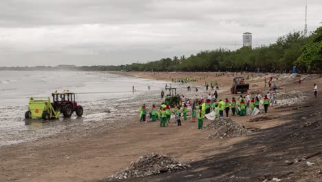 volunteers clean up plastic pollution on a beach