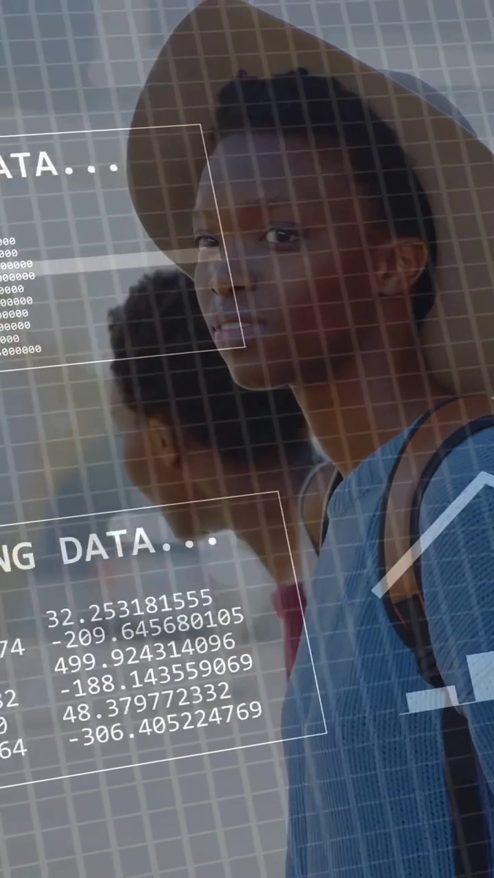 Vertical video: Lead woman, teen walking left, movement driving HUD charts, binary graph for data