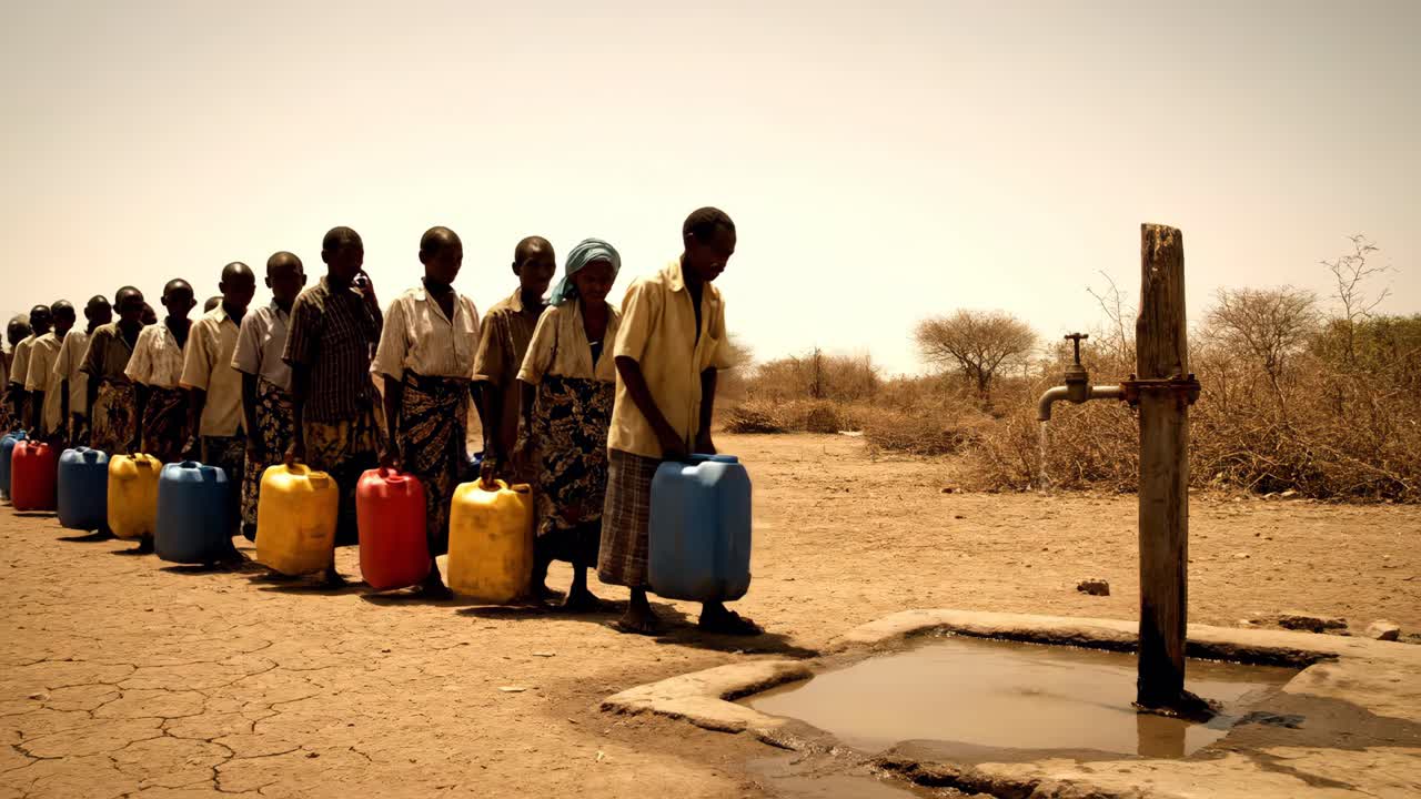 People collecting water from a well in a drought-stricken area