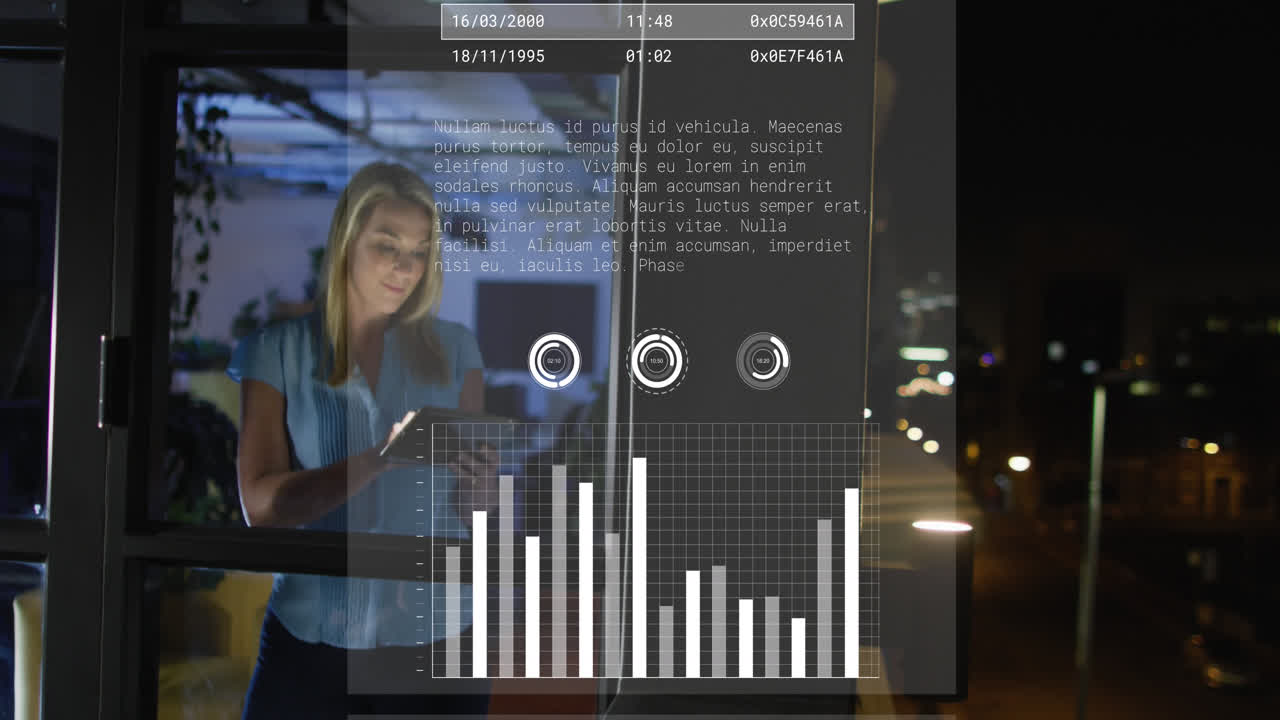 Animation of data processing over caucasian woman using tablet while working late at office