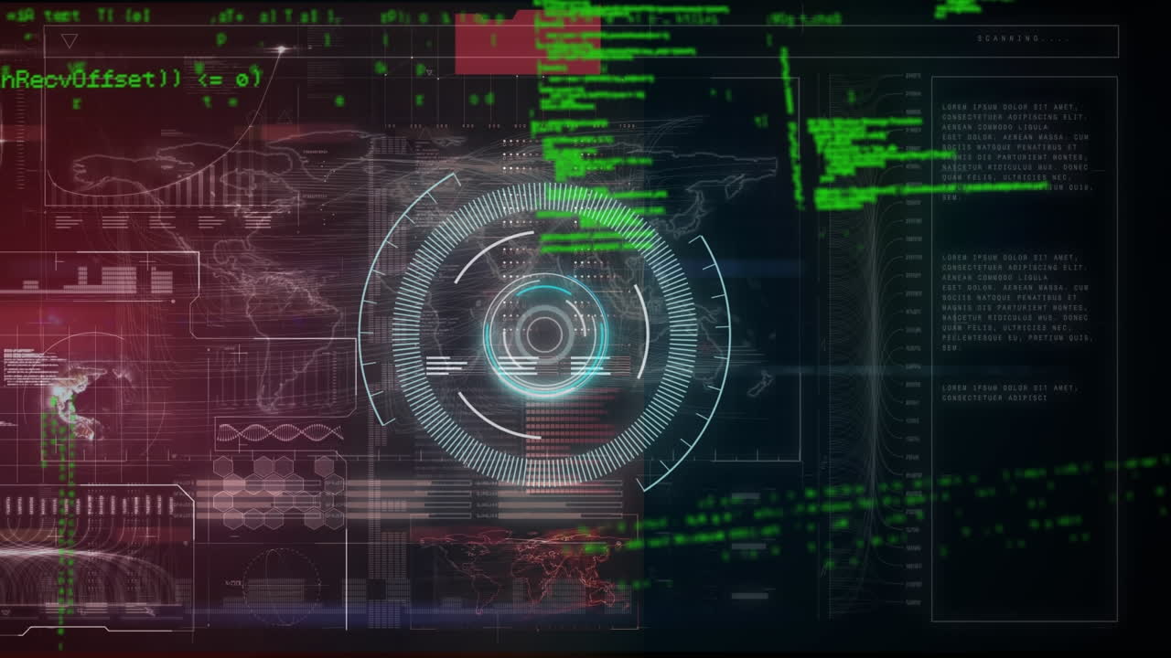 animación del alcance, las conexiones y el procesamiento de datos sobre el mapa del mundo.