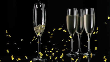 animation of champagne glasses and champagne pouring, with gold confetti falling on black background