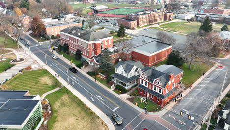 aerial establishing shot of university college campus and school in usa