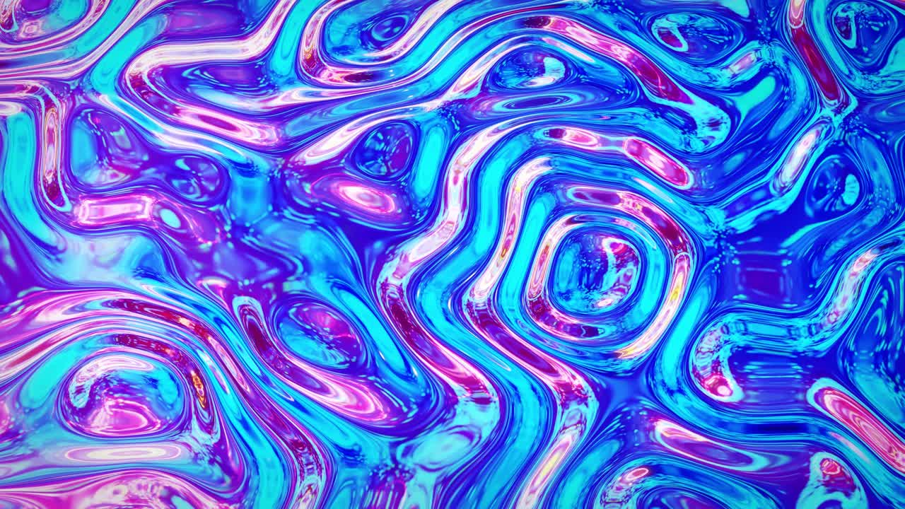 Looped abstract iridescent fluid background. Beautiful wavy glass surface of liquid with pattern, gradient color and flow waves on it. Creative bright bg with soft smooth animation.
