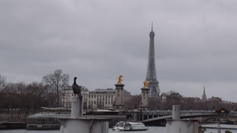 Malerische-Aussicht-Auf-Einen-Kormoran,-Der-Auf-Der-Säule-Ruht,-Mit-Touristenboot-Und-Eiffelturm-Im-Hintergrund-In-Paris,-Frankreich