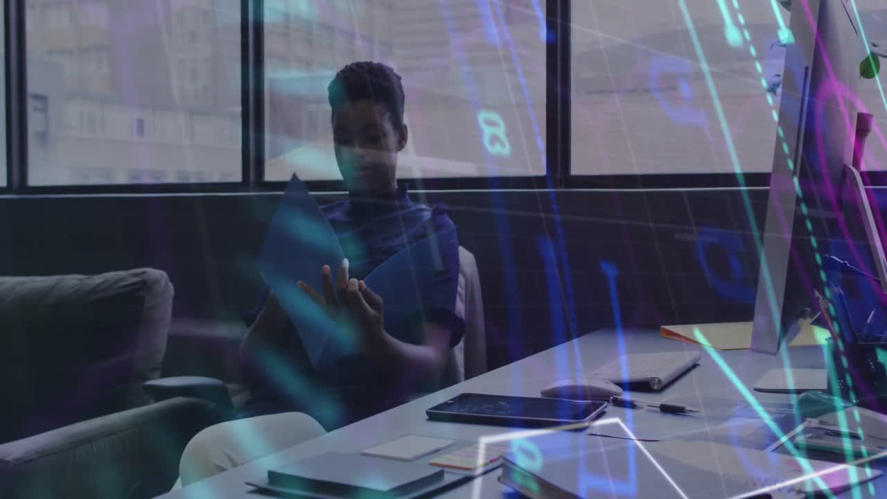 Animation of financial data processing over african american businesswoman using smartphone