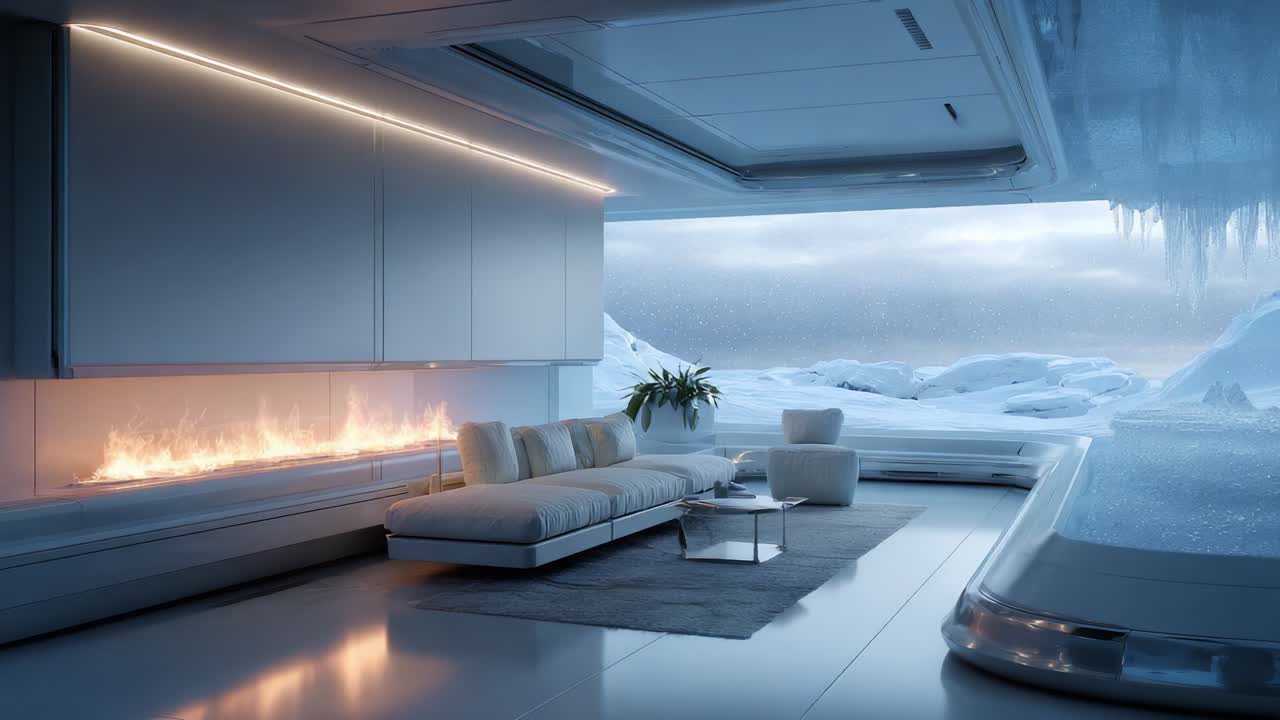 A Modern, Futuristic Living Space with a Cozy Fire and an Expansive View of Icy Landscapes, Perfectly Blending Comfort and Cold Elements into a Harmonious Environment