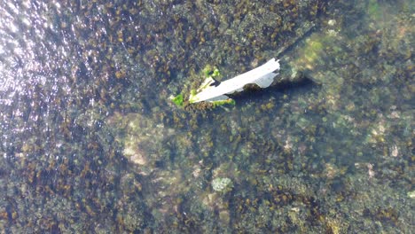 aerial circling upwards of a metal ship wreck in rocky shallow sea water