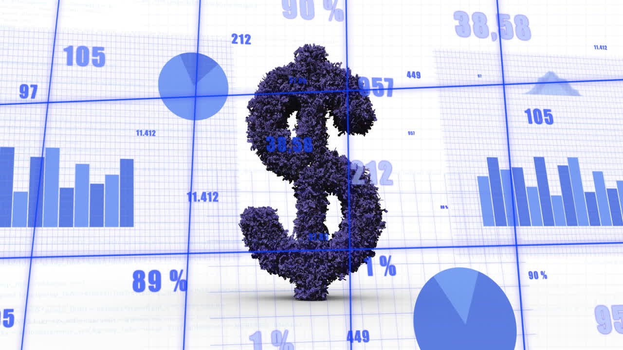 Animation of financial data processing over american dollar symbol