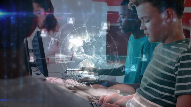 Animation of global network with data processing over diverse students using computers in classroom