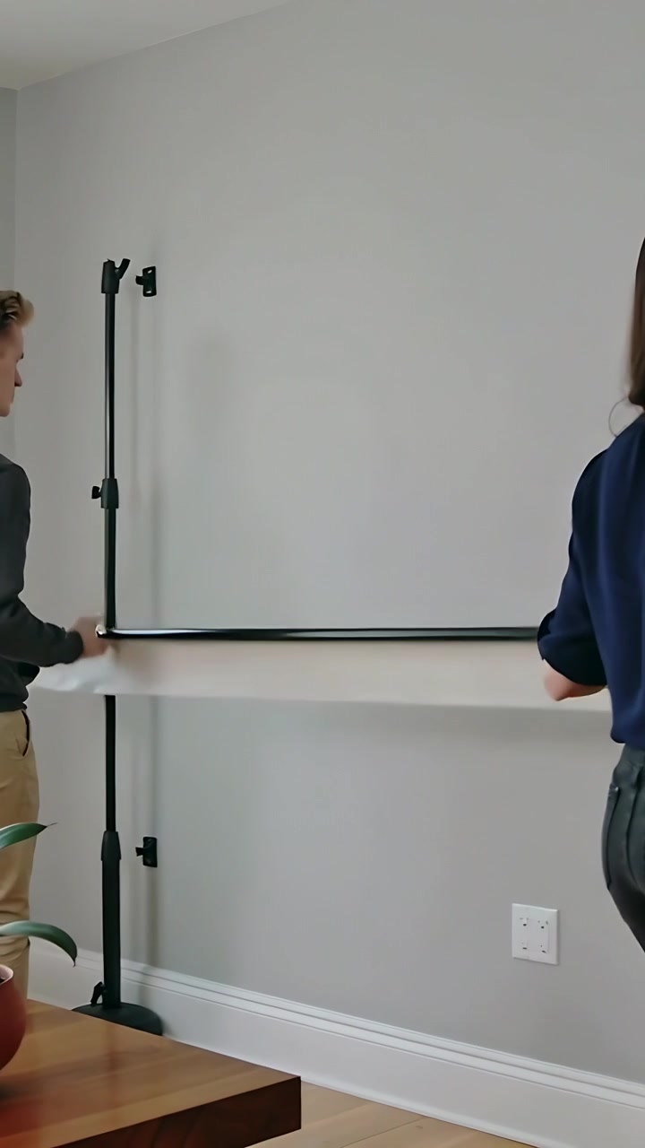 Vertikal video: Par kommer ind med rullet baggrund, monterer stang og hænger stof op derhjemme