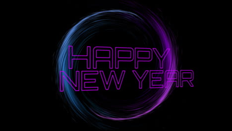 animación de texto de neón de feliz año nuevo sobre un rastro de luz brillante sobre fondo negro