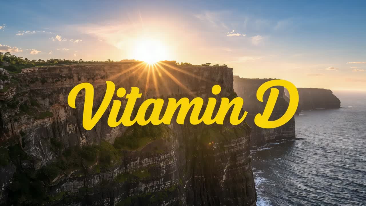 Glowing bold yellow script Vitamin D remaining centered over cliff-top, sun rising, lens flare