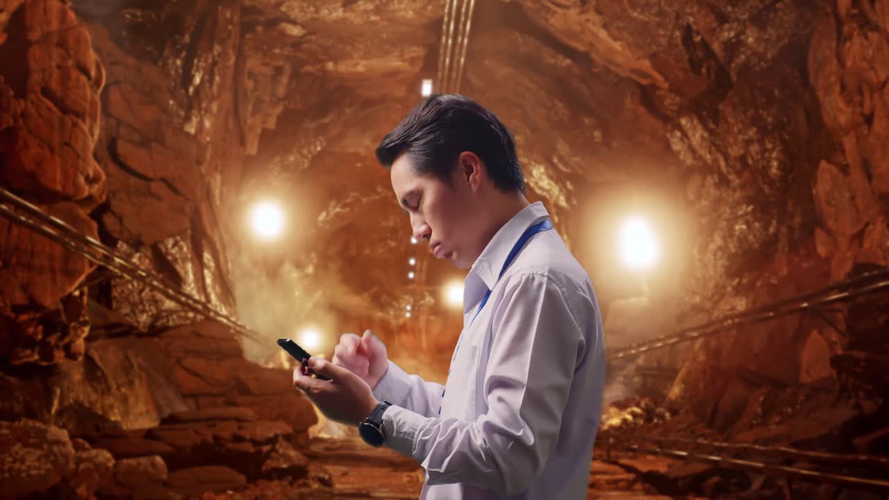 Side View Of An Asian Male Professional Worker Standing With His Smartphone In Underground Mine Tunnel, Checking With Dissapionted And Nodding His Head