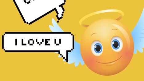 animation of smiling angel emoji with wings and vintage speech bubbles on yellow background