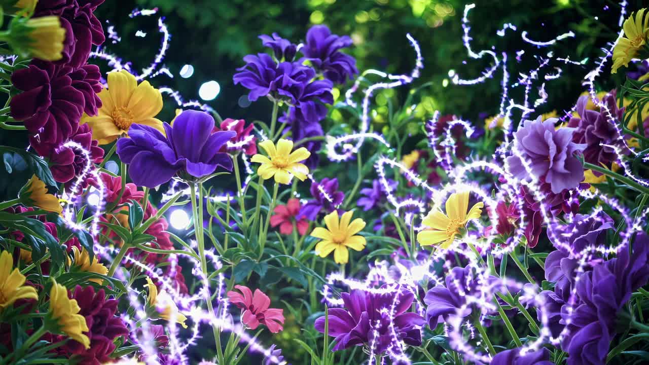 Livfulla blommor med glödande effekter, fotograferade från en låg vinkel