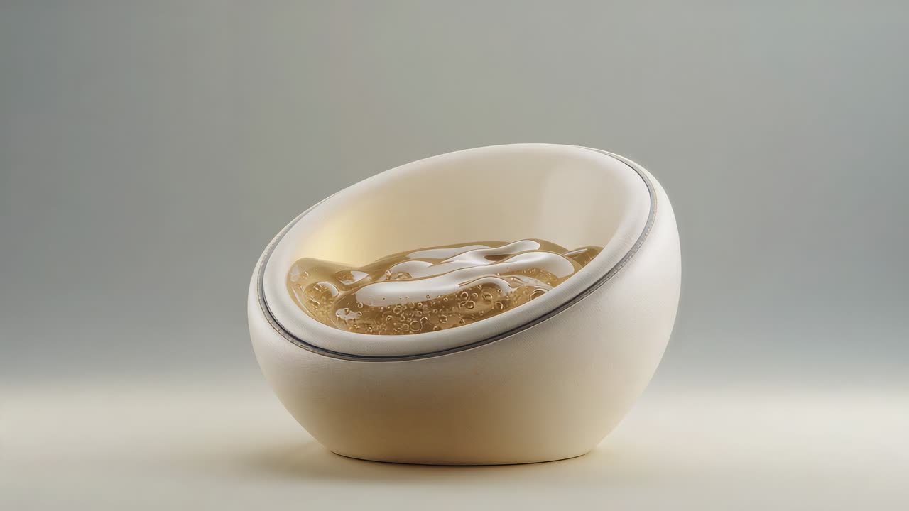 Rotazione dopo spostamento della camera, recipiente a forma di uovo che rivela un vortice di schiuma marrone chiaro su un tavolo da studio, con bordo scuro