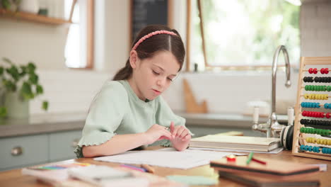 girl, counting and homework with writing on table