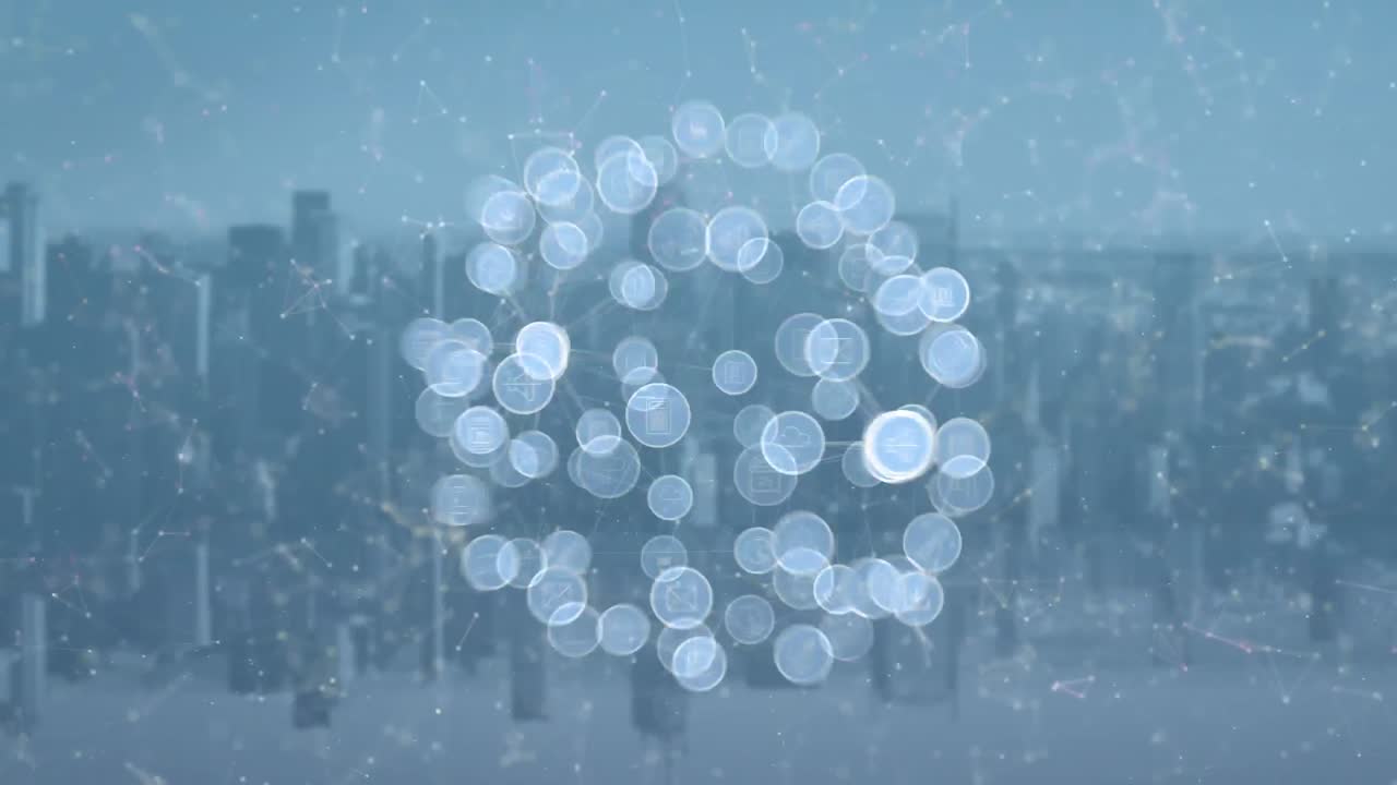 도시 풍경을 배경으로 디지털 아이콘의 세계