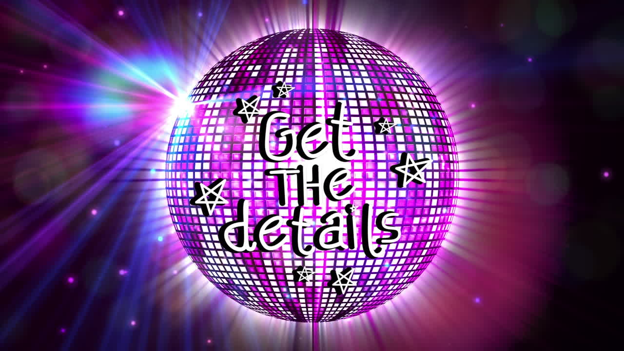 Animation of get the details text over spinning disco mirror ball