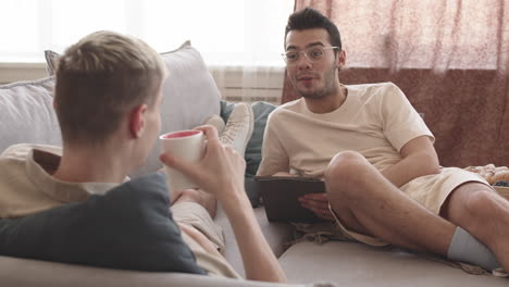 gay couple having pleasant talk on sofa at home