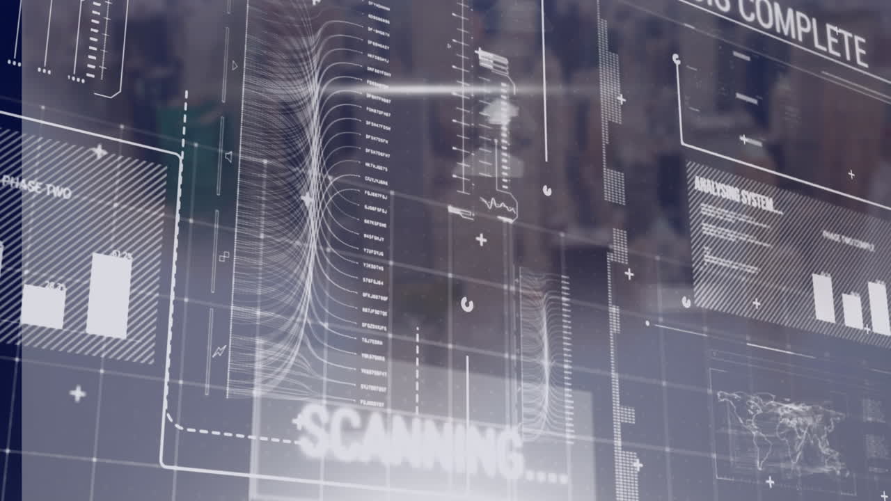 animazione dell'interfaccia con l'elaborazione dei dati rispetto alla vista aerea del paesaggio urbano