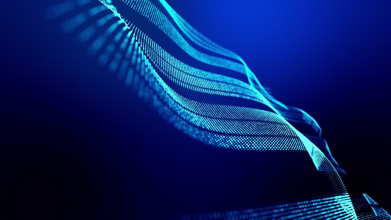 4k looped abstract background of glow particles form lines, surfaces as futuristic landscape in cyberspace or hologram. Sci-fi theme of microworld, nanotechnology or cosmic space. Blue stripes 13