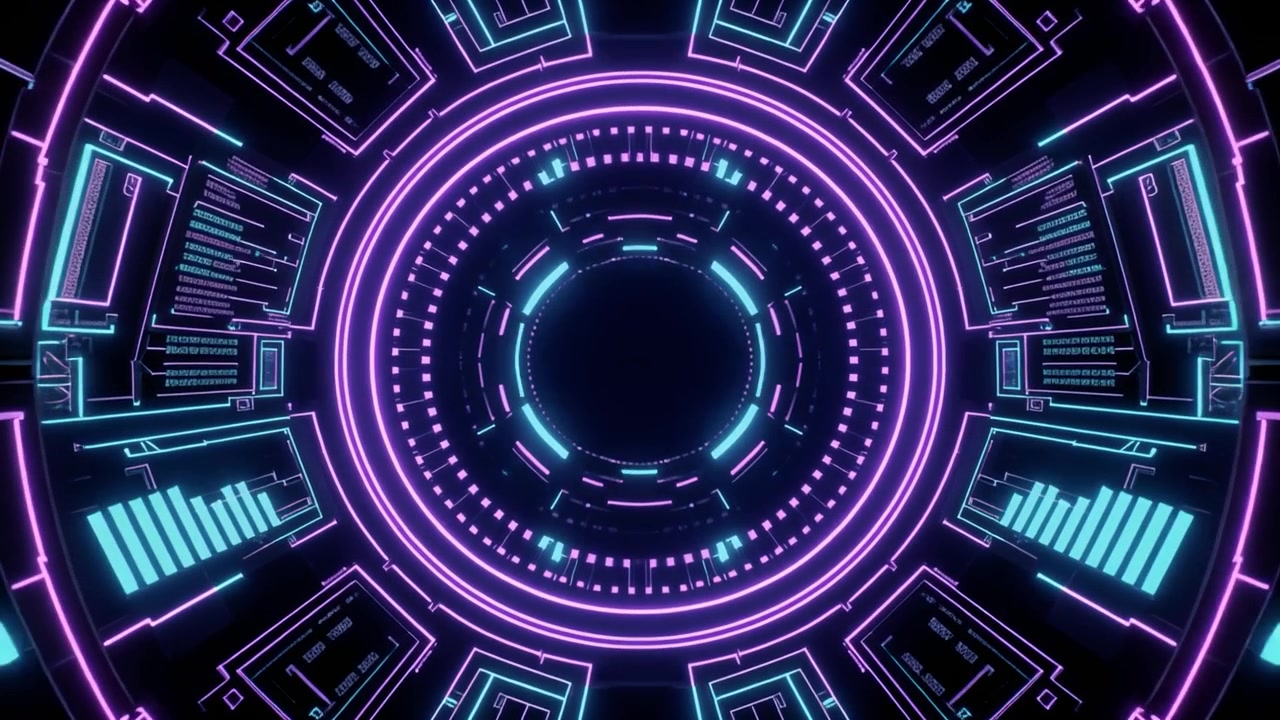 Interfaccia digitale futuristica con elementi HUD circolari al neon luminosi