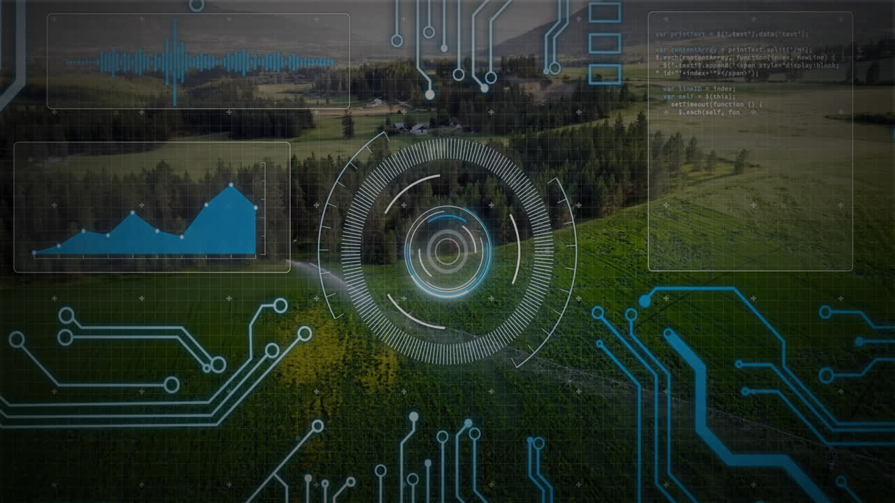 Futuristic data interface animation over aerial view of lush green landscape
