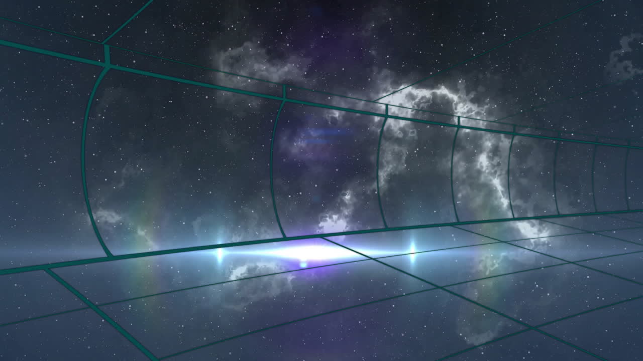 Cosmic background with stars and nebula, curved grid lines creating animation