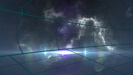 cosmic background with stars and nebula, curved grid lines creating animation