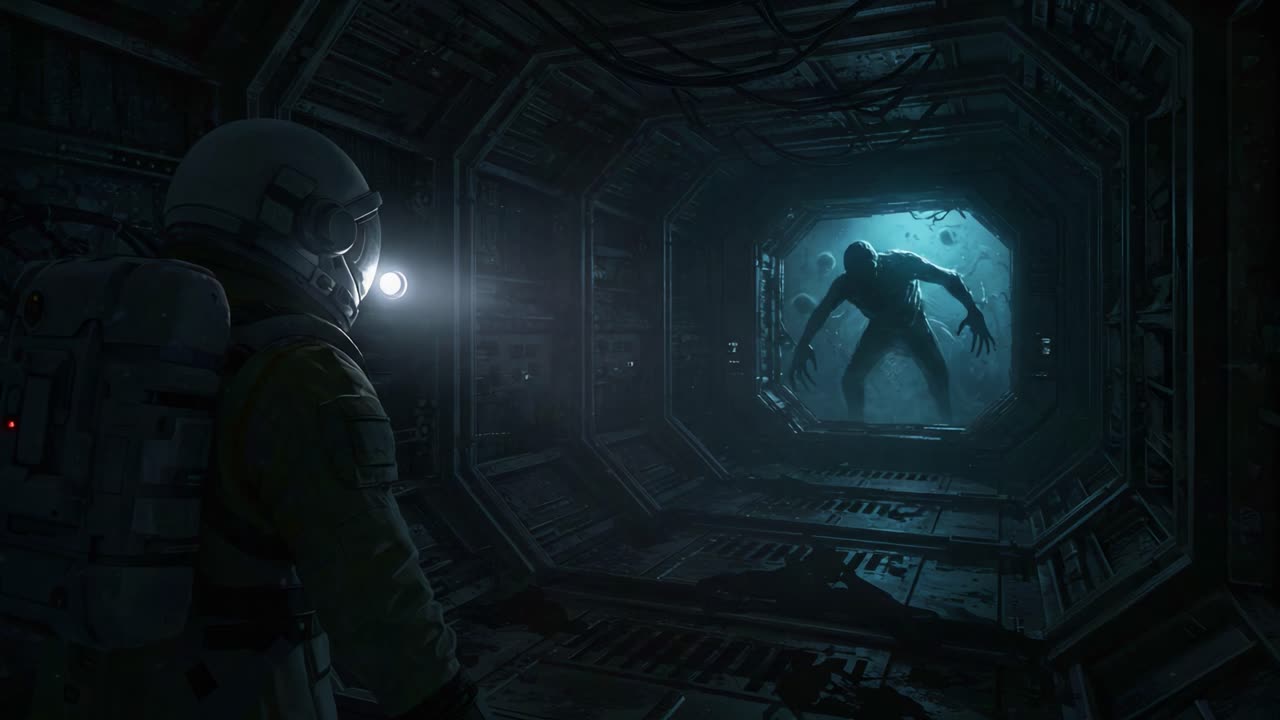 A Daring Encounter: Astronaut Faces Mysterious Entity in Dark Space Corridor, Highlighting Tension and Fear in a Sci-Fi Setting