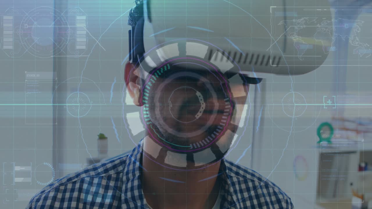 animación del escaneo del alcance y el procesamiento de datos sobre el hombre que usa auriculares vr