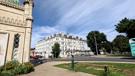 panoramic view of historic building and street