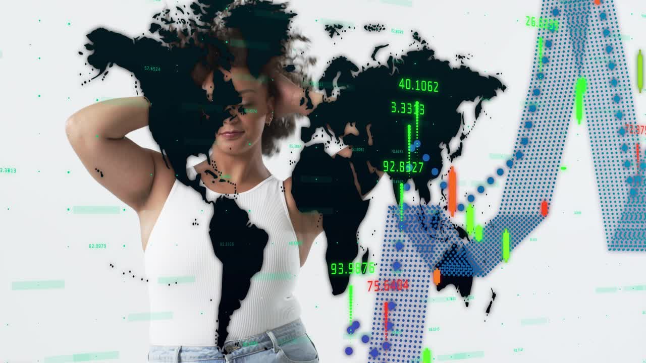 Woman adjusting hair posing in studio while graph animating map over face, candles showing finance