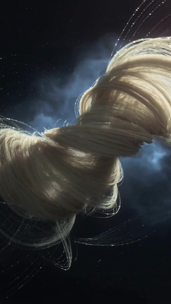 Video verticale: Una spirale pallida si sposta, allentandosi e ruotando su una foschia blu, lasciando una scia di filamenti.